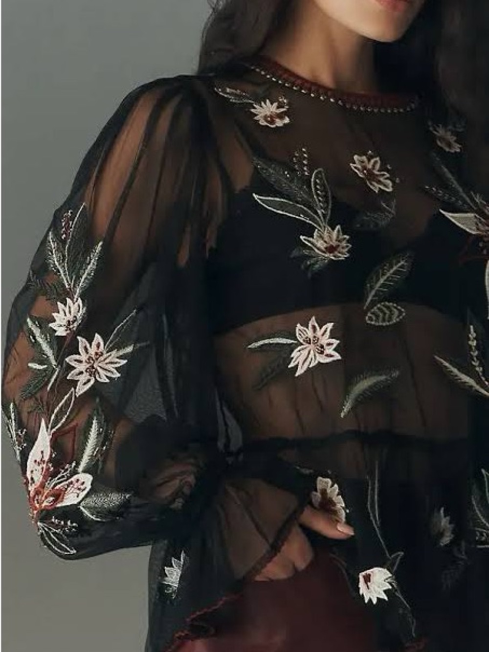 Black Sheer Floral Embroidered Long-Sleeve Top